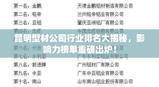 昆明型材公司行业排名大揭秘，影响力榜单重磅出炉！